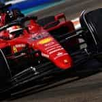 A Ferrari Formula 1 car streaking around the Miami’s street circuit.