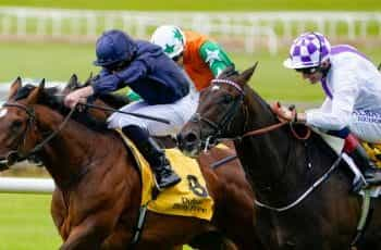 Kevin Manning riding Wexford Native to win The Dubai Duty Free Celebration Stakes at Curragh Racecourse. June 2022.